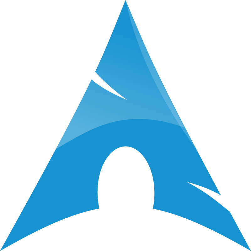 The Arch Linux Logo, a light blue 'A' stylized to have scratch marks in the sides and spikes. Instead of the line connecting either side of the letter 'A', it instead has a slightly rounded middle. Cel shading is applied to look crystalized.