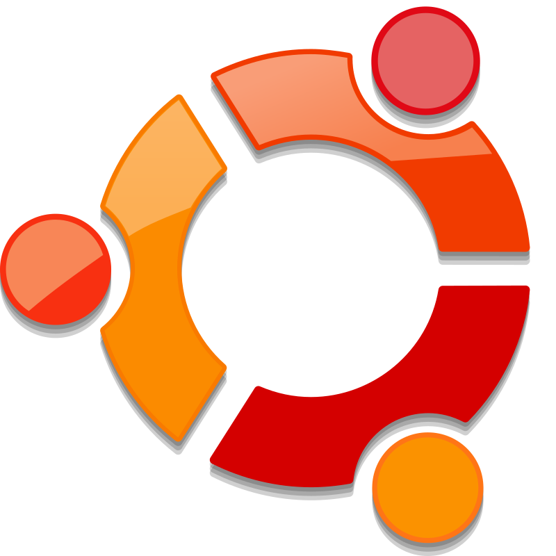 An older Ubuntu logo, a circle with various shades of orange divided into three segments. Each segment has a small circle in the middle. Cel shading is applied to make it look sbiny.