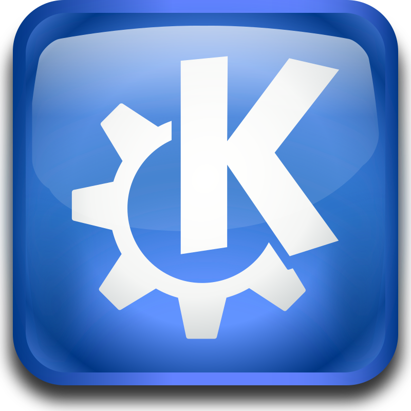 An older KDE logo. There is a white 'K' with a white gear behind it on a gradient dark blue background, intended to look like plastic.