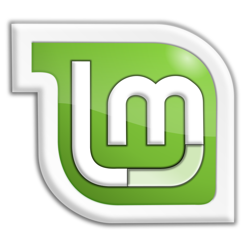 An older Linux Mint logo. It is a green curved vaguely leaf-like shape with thick white borders that stick out as long rectangles at either point, stylized to look like a crystal. In the middle is a white lowercase 'm', who's rightmost point curves beneath the m to the left and nearly touches the top of the curve.