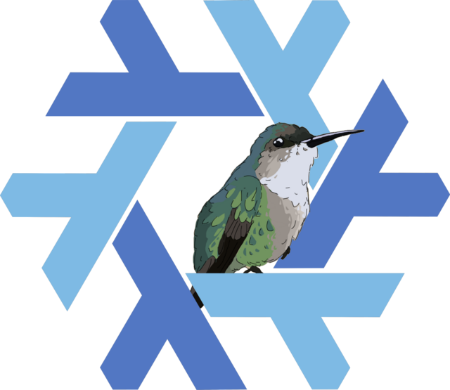 The Nix OS logo, many interweaving light and dark blue branches with a little gray hummingbird in the middle.