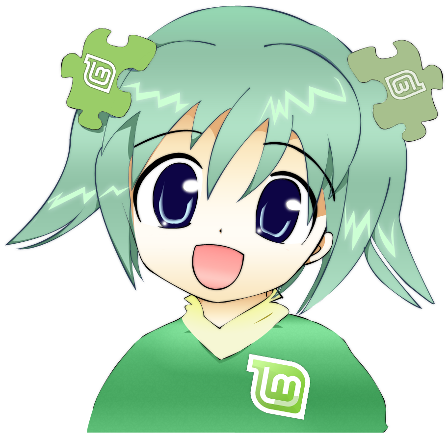 A digital bust-shot drawing of Wikipedia's anime girl mascot 'Wikipe-tan.' She is smiling cheerily and looking at the viewer with her big eyes. Instead of her usual blue Wikipedia themed outfit Wikepe-tan has a minty green shirt with the Linux Mint logo on the left side of the chest. Wikipe-tan has light green hair with her language puzzle piece hair-clips are pale green and replaced with Linux Mint logos.