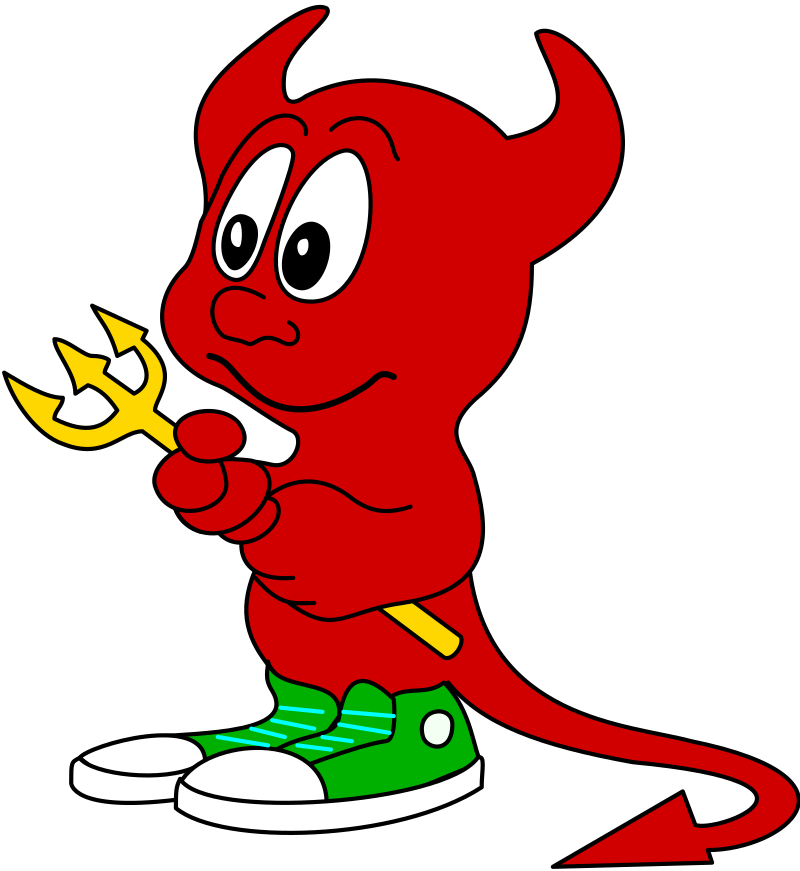 The Free BSD daemon mascot, a little cartoony red demon holding a golden pitchfork and green tennis shoes, looking rather meek.