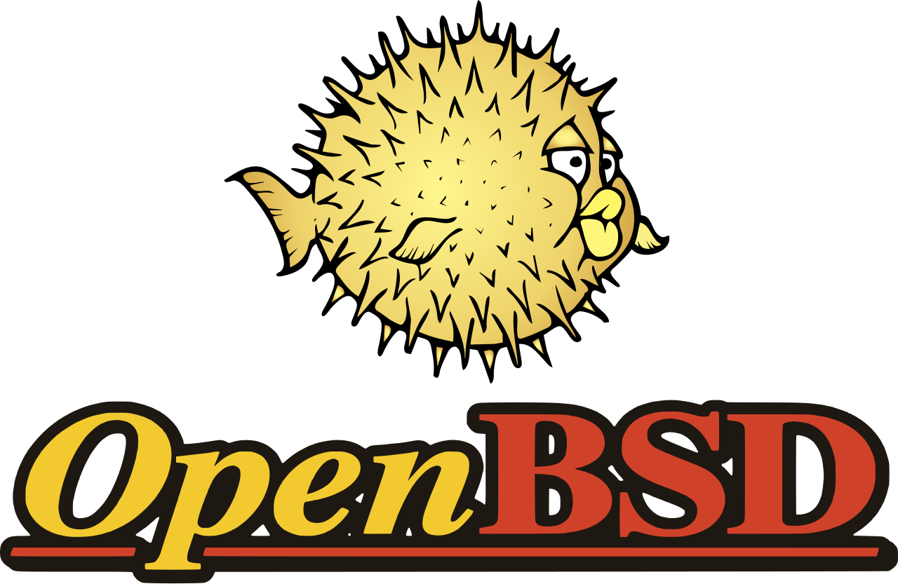 The Open BSD logo and mascot Puffy, a cartoony yellow pufferfish puffing up with its body inflated with its venomous spikes poking out and its lips pursed to keep the air in. Below Puffy reads 'Open' in yellow italics then 'BSD' in red.